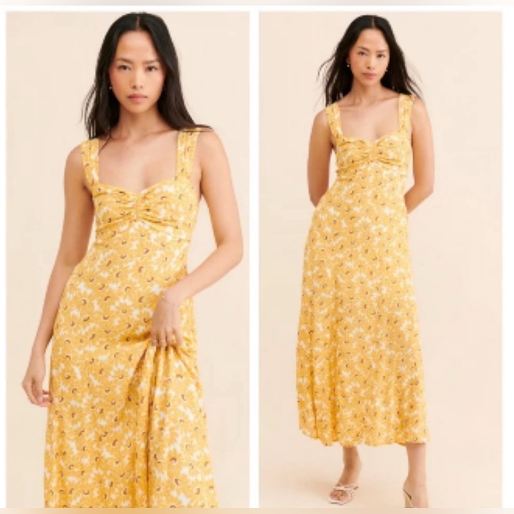 Free People Rosalee Maxi Dress Yellow Floral Cut-out Size XS Small Daisy Golden